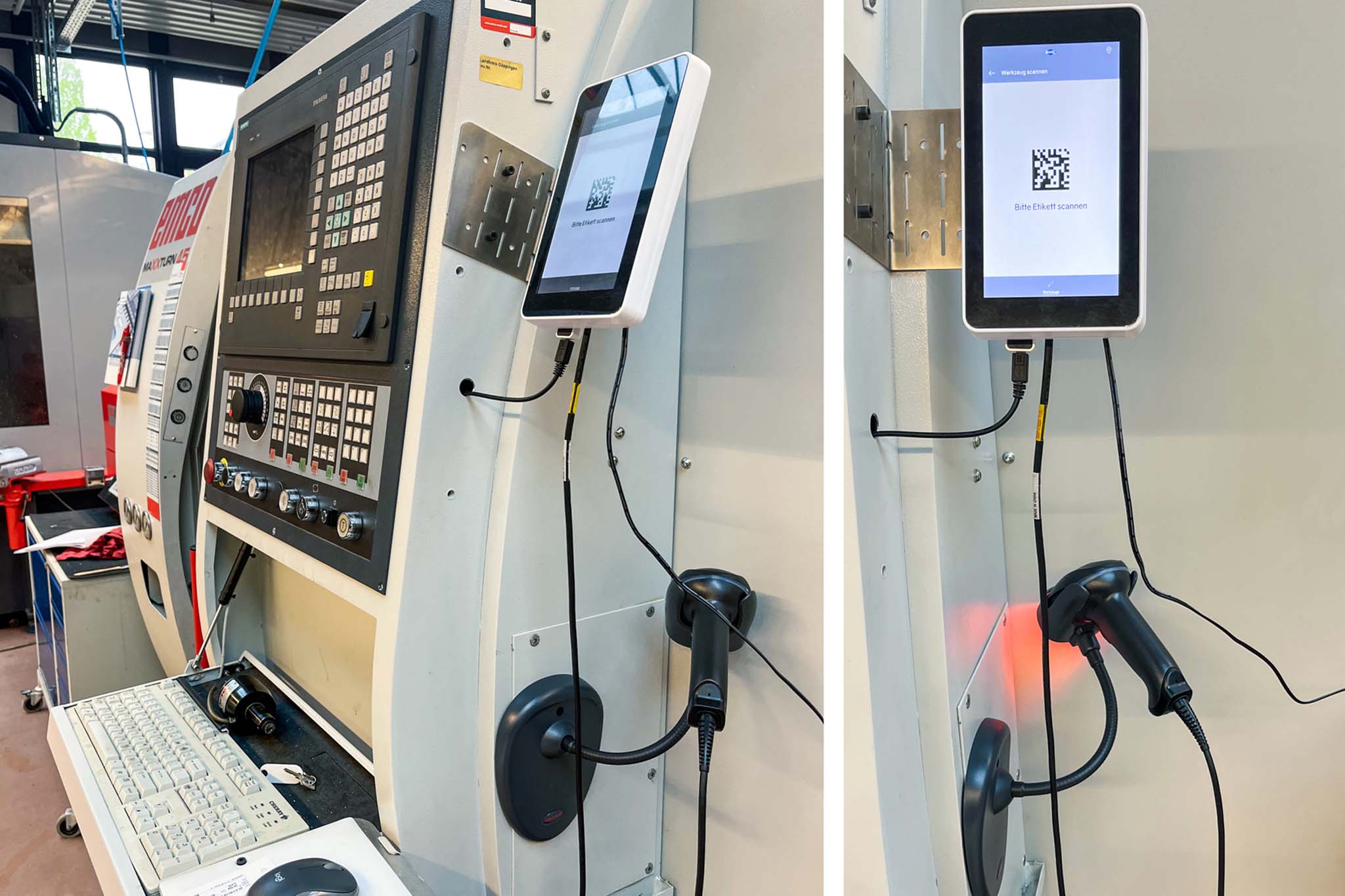 Zwei der EMCO Maschinen sind mit c-Connect Boxen ausgestattet, um Daten per Scan an die Maschine übertragen zu können.